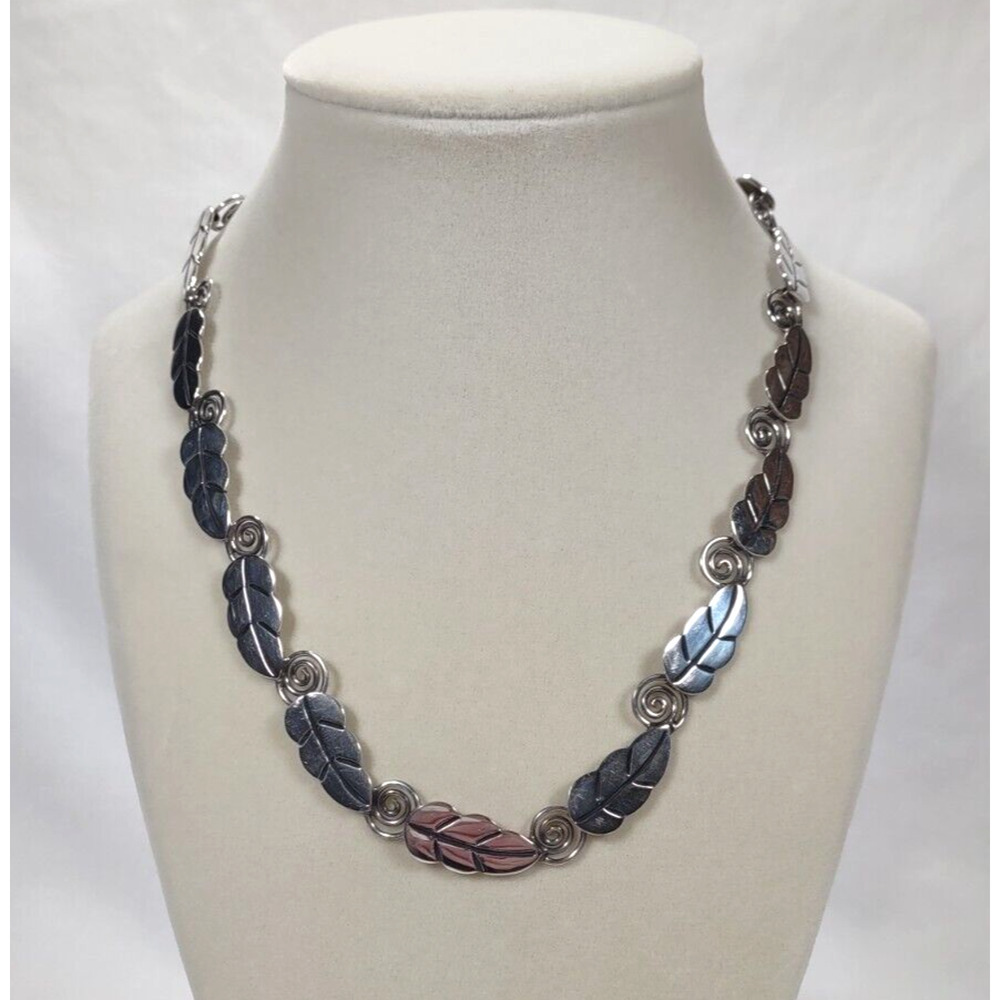 Vintage A or R Muñoz Taxco 925 Sterling Silver Leaf Necklace 17” Handmade Mexico - Picture 3 of 16